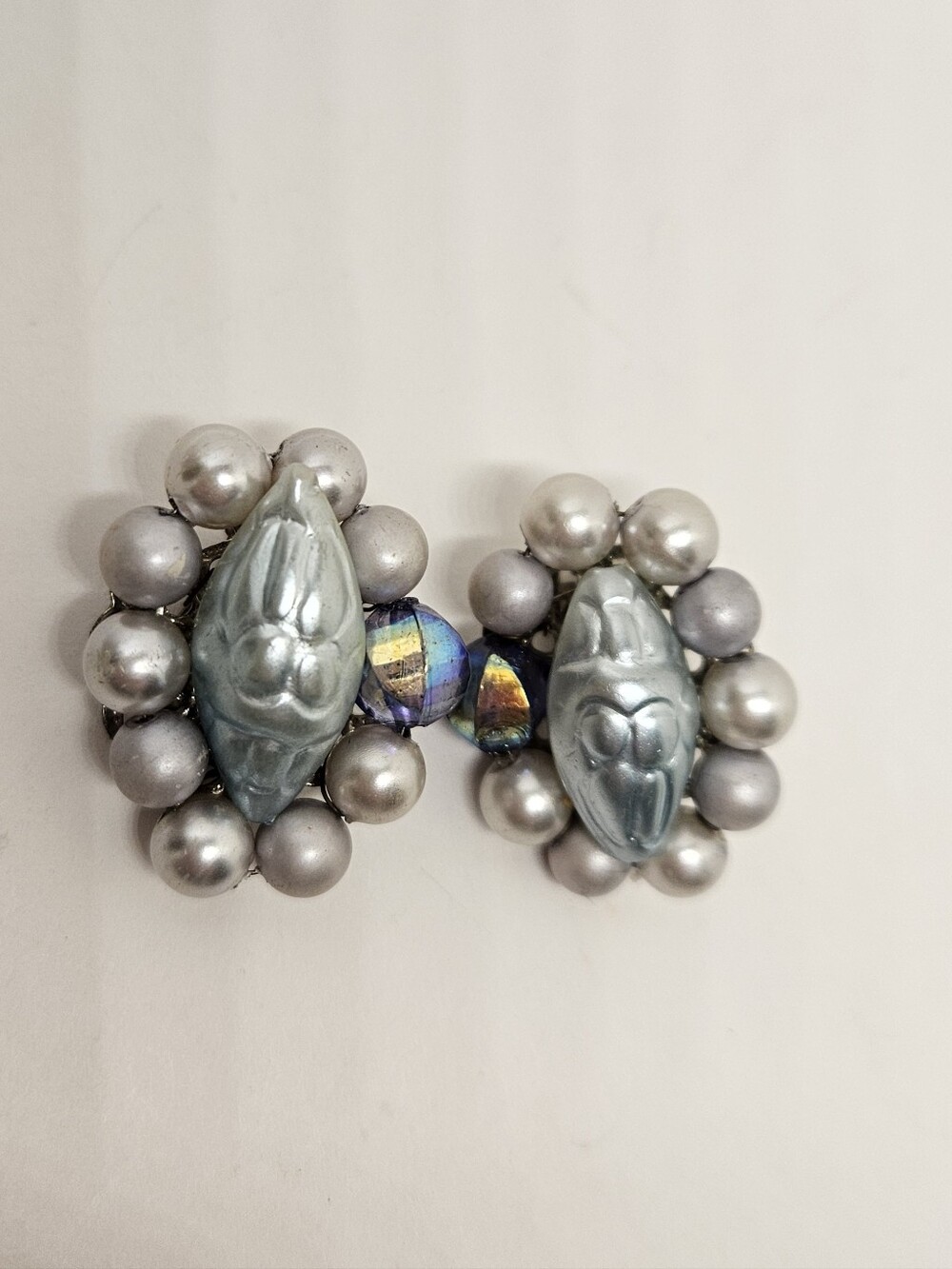 Japan Faux Pearl Crystal Cluster Clip On Earrings Signed